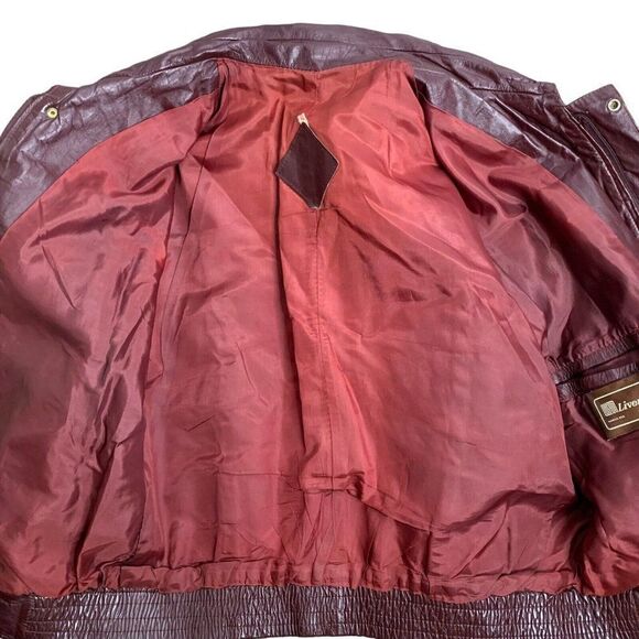Vintage 70s 80s Leather Bomber Jacket L Maroon Red Zip Snap Elastic Waist - Picture 6 of 7